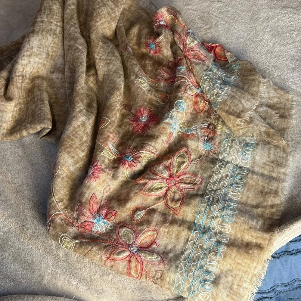 Rare Haw by Twentynine‎ Palms Tan Oversize Floral Embroidered Scarf